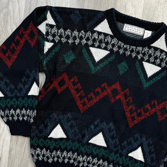 Vintage 80s 90s Grandpa Crew Sweater Geometric Stripped Size Large - Picture 2 of 6